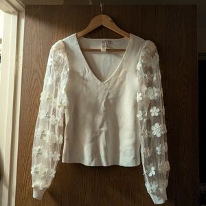Dolan Ivory Blouse with Sheer Floral Sleeves